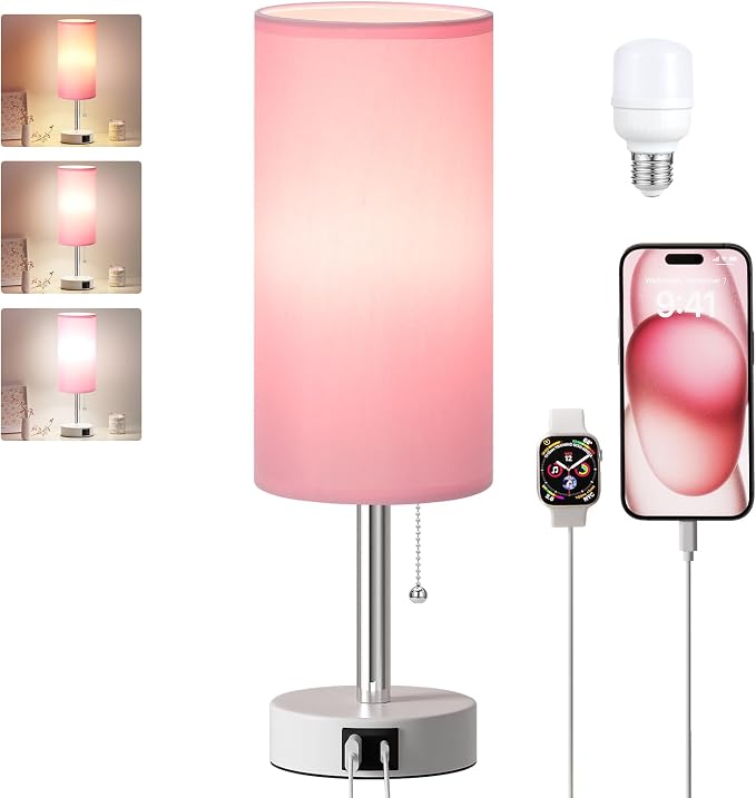 Dicoool Pink Bedside Table Lamp for Girls Bedroom - USB A+C Charging Ports | 3 Color Temperatures, USB A+C Port, Bulb Included, Pink Fabric Shade, Matte White Metal Base, 14" Desk Lamp for Kids Dorm