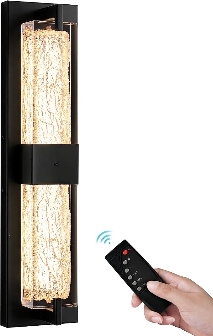 Battery Operated Resin Wall Sconce - Wireless Rechargeable Black Wall Light Dimmable LED Remote Wall Sconces Lighting Modern Cordless Vanity Light Fixtures No Wiring for Living Room Bedroom Bathroom