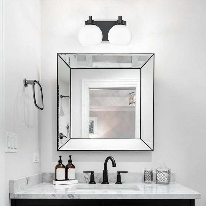 IZORRO Bathroom Light Fixtures, 2-Light Matte Black Vanity Light, Modern Wall Sconces with Globe Milk White Glass Shade, Vanity Lighting Fixtures Over Mirror,E26 Bulb Socket
