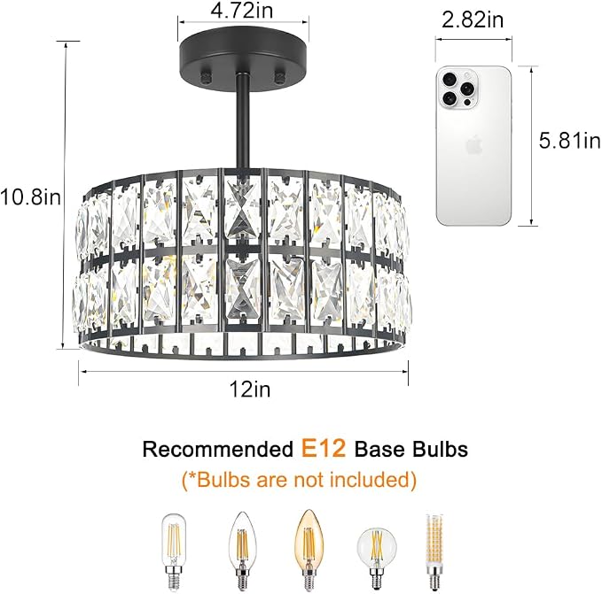Matte Black Crystal Ceiling Light, Modern Semi Flush Mount Ceiling Lighting, Hallway Lighting Fixtures, Small Chandelier Light Fixture for Kitchen Entryway Bedroom Dining Room, 3-Light, 12 Inch