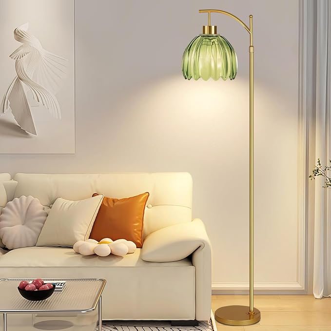 ILLMTW Glass Floor Lamp for Living Room,Bedroom,Gold Mid Century Modern Standing Lamp with Remote,Dimmable Brass Tall Lamp Vintage Tulip Green Arc Flower Floor Light Boho Bohemian