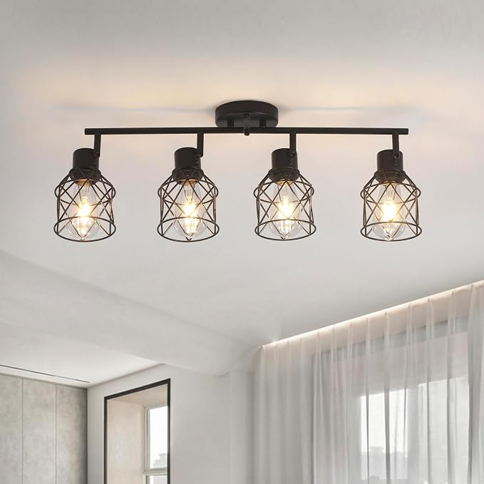 BUXVRCS Adjustable Multi-Directional Black Light Fixtures, Semi Flush Mount Ceiling Light, Kitchen Light Fixtures Ceiling Mount, Geometric Metal Cage Industrial Spotlight Fixtures for Dining Room