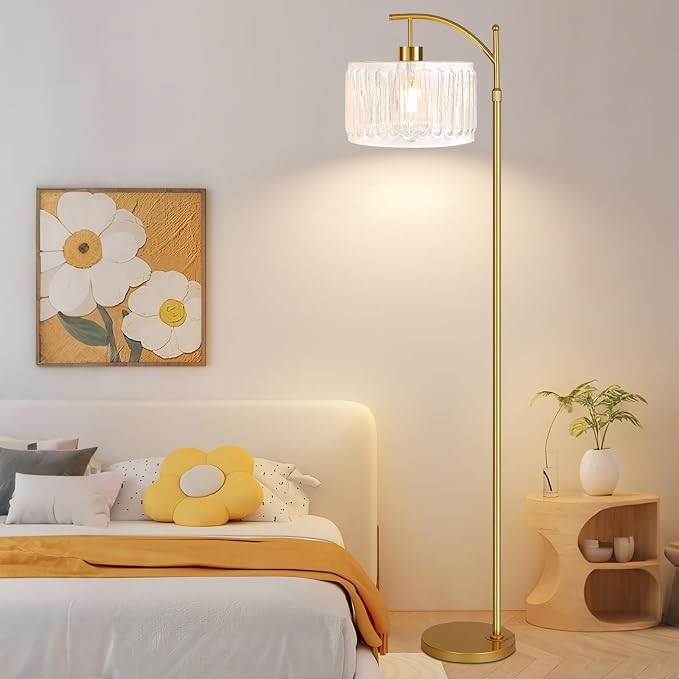 ILLMTW Glass Floor Lamp for Living Room,Bedroom,Gold Dimmable Standing Lamp with Remote,Brass White Tall Lamp Boho Mid Century Modern Floor Lamps Arc Floor Light Lamp Bohemian