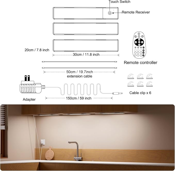 RGB Under Cabinet Lights Plug-in, 12 Inch, 3 Pack | Remote,Under Cabinet lighting, Dimmable, LED Light Bar for Kitchen, Multi-Color for Desk, Closet