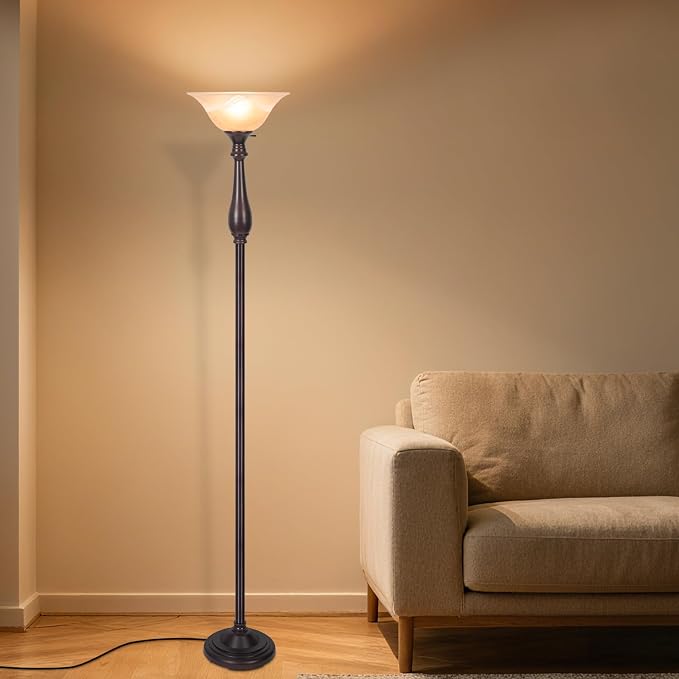 Floor Lamp with Alabaster Glass Bowl Shade, 72 Inch Tall Torchiere, Dark Brown, Brushed Nickel