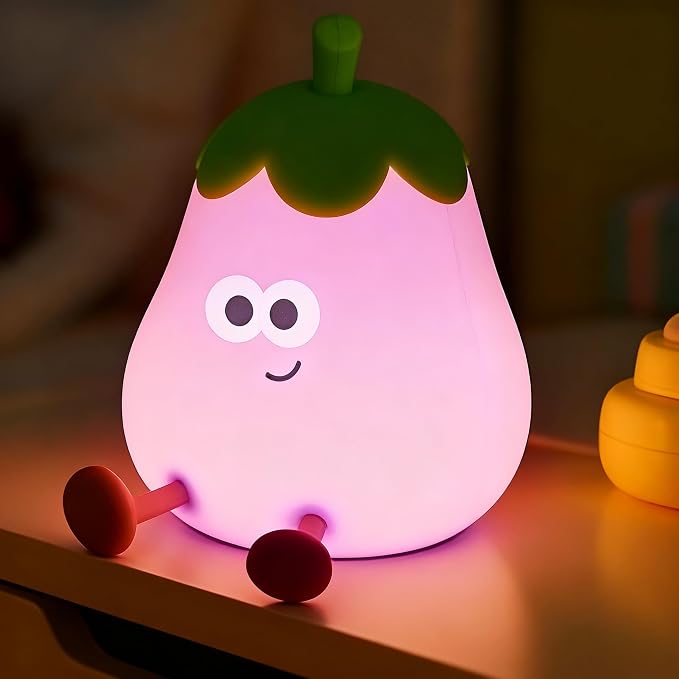 Eggplant Night Light for Kids, Cute Squishy Silicone Lamp, Rechargeable LED Nightlight, 3-Level Dimmable Bedside Lamp for Bedroom Kids Room Decor, Boys and Girls Gifts