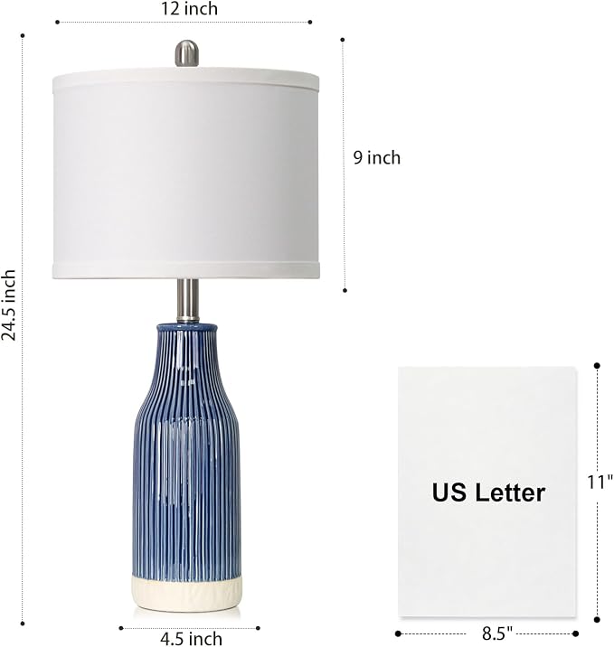24.5" Blue Ceramic Table Lamps Set of 2 for Bedroom, Modern Table Lamps for Living Room End Table, Small Farmhouse Bedside Lamps for Nightstands (2 LED Bulbs Included)