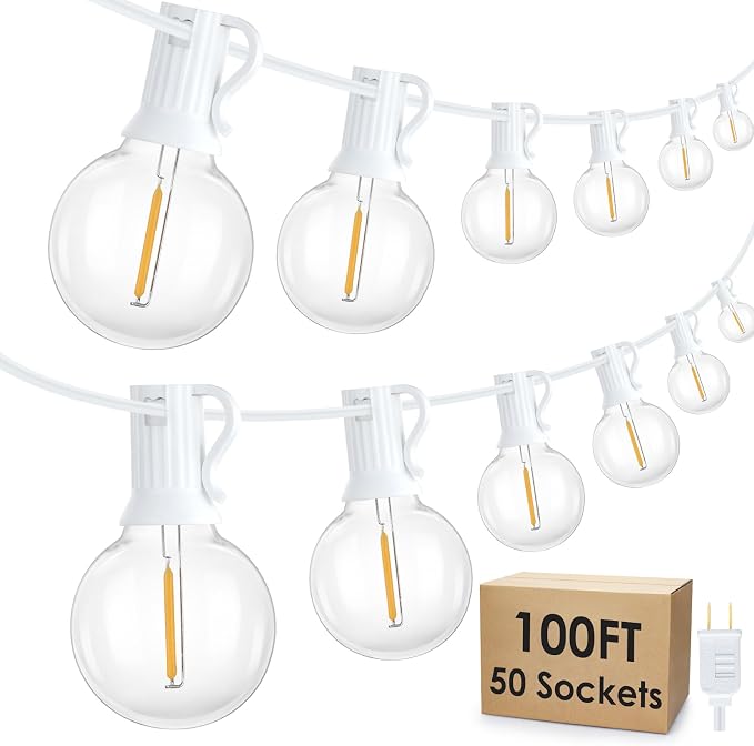 100Ft LED Outdoor String Lights, Dimmable Waterproof G40 Globe Patio Lights with 50+3 2700K Shatterproof Bulbs for Cafe Bistro-White Cord