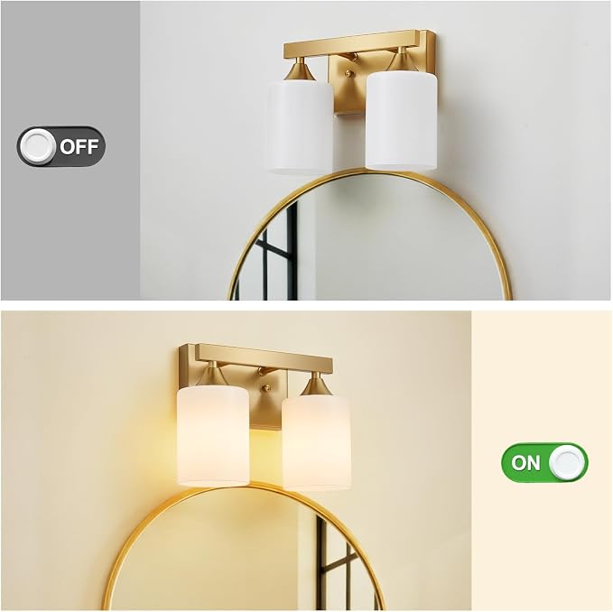 ZHU YAN 2 Light Vanity Lights for Bathroom,Gold Bathroom Vanity Light,Milky White Glass Shades,Modern Bathroom Wall Lamp for Mirror Living Room Bedroom E26 Socket
