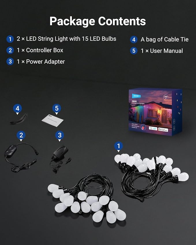 NEEWER 96ft Outdoor String Lights, App Control Smart AI RGB IC W Hanging Outside Warm White Patio Balcony Backyard Lighting, IP65 Waterproof, 30 LED Bulbs,50+ Scenes, Compatible with Alexa Google,NR01
