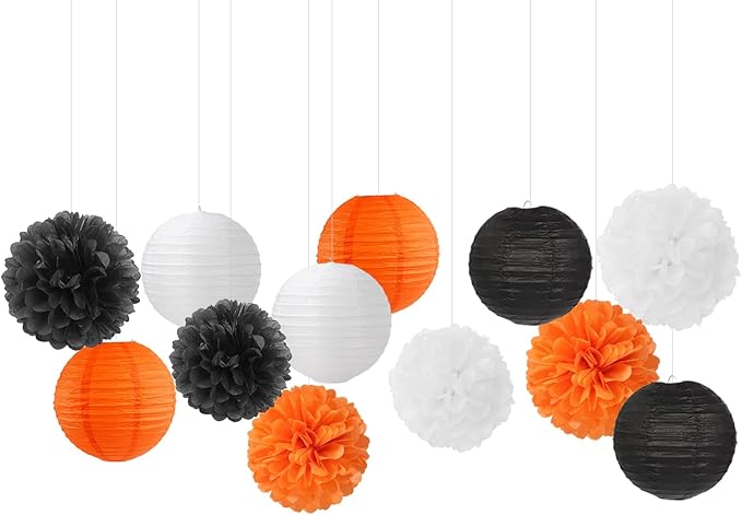 Orange-Black White Party-Decorations Paper-Flowers Lanterns - 15PCS Halloween Tissue Pom Poms Streamers,Vintage Baby Bridal Shower Birthday Bachelorette Wedding Hanging Supplies Decor Hugfond