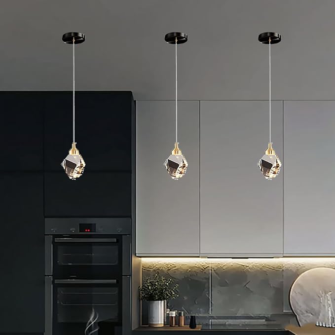 Modern Crystal Pendant Light, 3-Color LED Crystal Pendant Light, Adjustable Height Gold Ceiling Hanging Pendant Lamp, for Kitchen Island Bedroom Dining Room (Black)