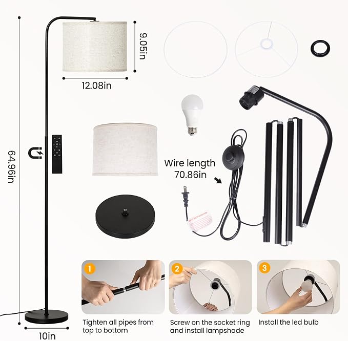 Arc RGB Floor Lamp with Remote and Dimmable Black lamps for Living Room | Modern Tall Standing Lamp for Bedroom Corner and Office wiht Adjustable Hanging Drum Shade Over Couch Arched Reading Light