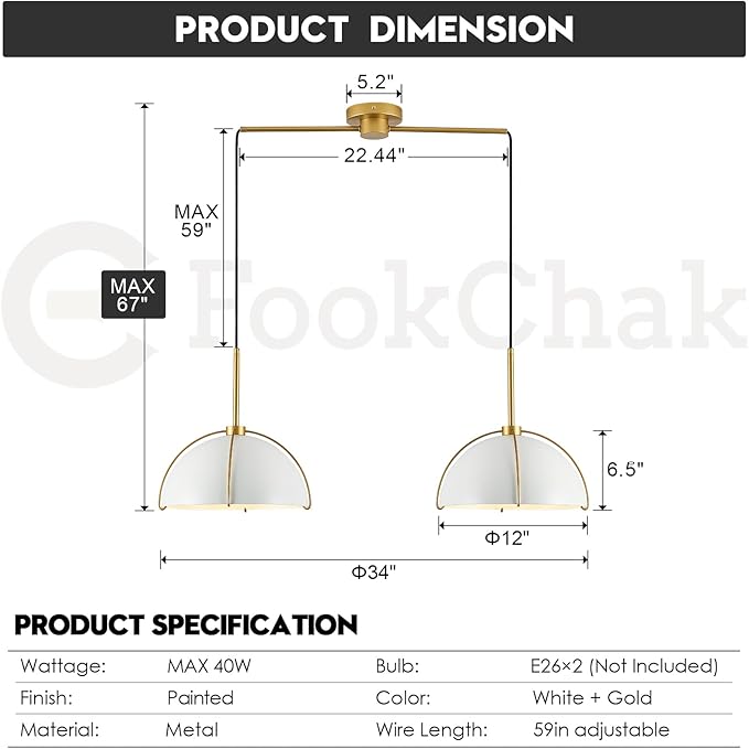 Contemporary White Gold Pendant Light Over Table 2-Light Nordic White Ceiling Pendant Light Fixture 36" Metal Dome Kitchen Island Light with Adjustable Cord for Dining Room