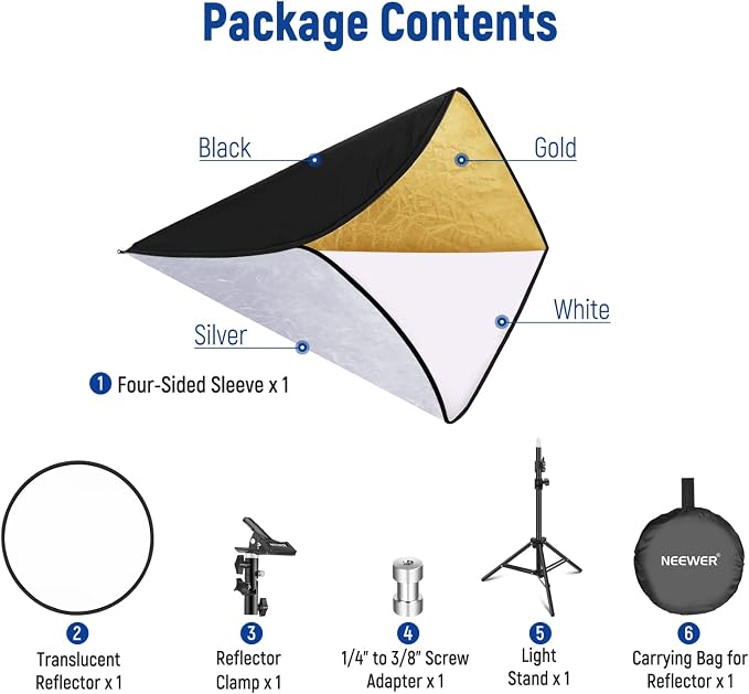 NEEWER 43"/110cm Light Reflector Kit, 5 in 1 Collapsible Round Reflector (Translucent/Silver/Gold/White/Black), Metal Clamp and 21"-43”/53-110cm Short Stand for Low Angle Studio Photography | Foldable, Translucent/Silver/Gold/White/Black, Metal Clamp, ...