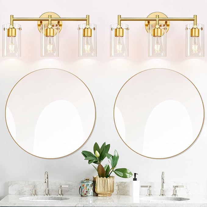 Bathroom Light Fixtures, 3-Light Brushed Gold Vanity Light, Gold Bathroom Lights Over Mirror with Clear Glass Shade, Wall Sconces for Mirror Bedroom Living Room Hallway