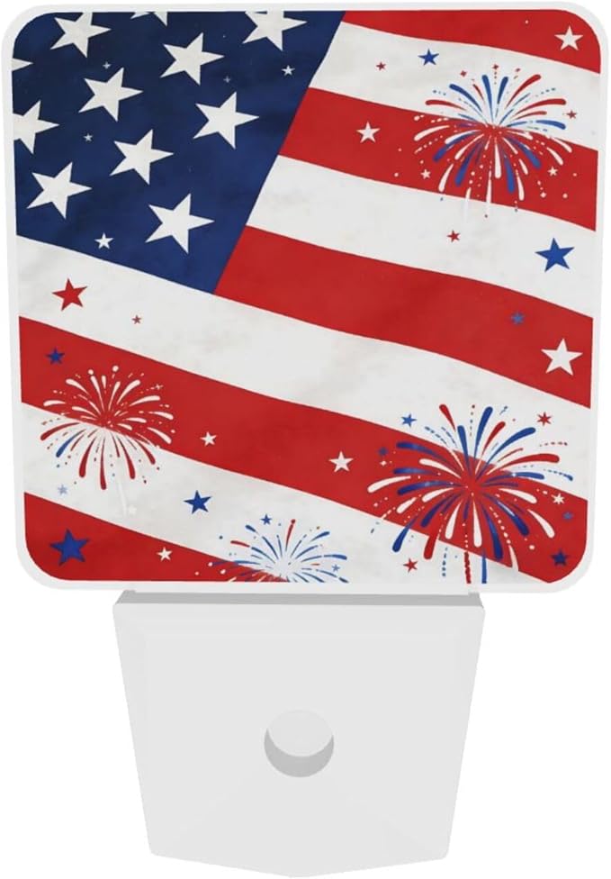 250 Years Anniversary American Flag Night Light Set of 2, Patriotic Eagle Auto Sensor LED Dusk-to-Dawn Nightlights, Plug-in Sensor Lamp for Bedroom Kitchen Hallway Stairs Decorative