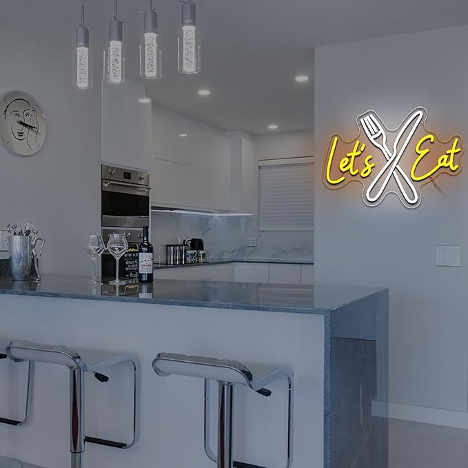 Let's Eat Neon Sign for Wall Decor Dimmable Knife Fork Led Sign for Restautant Lets Eat Neon Light for Kitchen Cafe Food Bar Cooking Dining Room Luncheonette Bistro Party Decoration