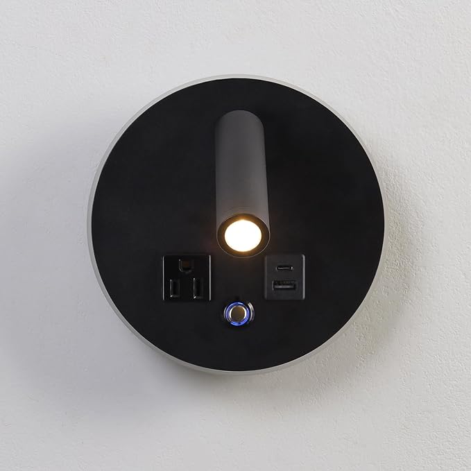 LED Round Wall Sconce with Dimmable Light, 6W+3W 3000K Night Light, Adjustable Plug-in Headboard Lamp with USB & USB-C Ports, Bedside Reading Light for Bedroom(Black)