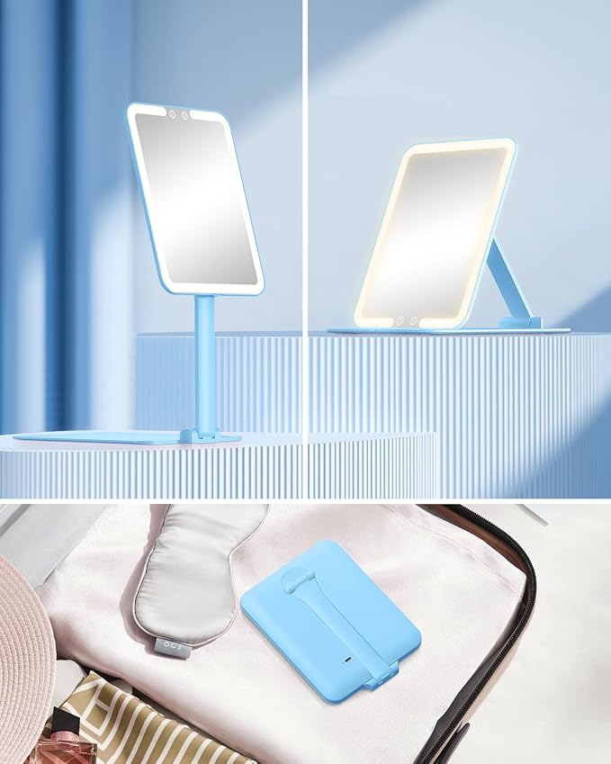 Gospire Travel Makeup Mirror with 3 Lights and Magnification 10X, Blue | Compact foldable LED mirror with smart auto sensor, Adjustable Stand, Dimmable, 2000mAh Rechargeable Lighted Vanity Mirror