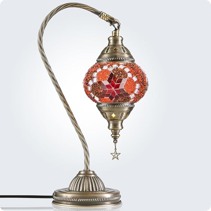 Yarra-Decor Turkish Moroccan Lamp with Bronze Base 3 Color Options Handmade Swan Neck Mosaic Glass Bedside Lamps for Bedroom (LED Bulb Included)(Red2)