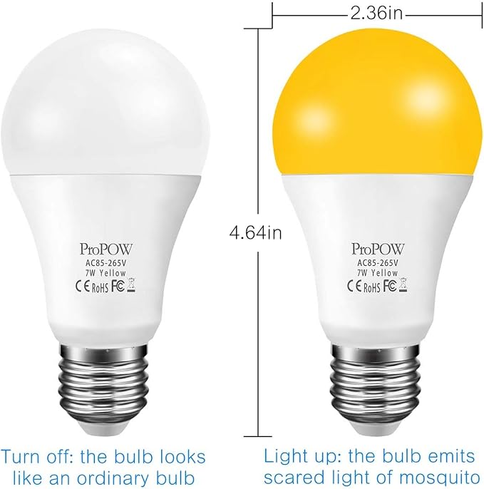 Yellow Bug Light Bulbs, Dusk to Dawn, 7W LED, 40W Equivalent, A19, Smart Auto on/Off, 580 Lumens, Porch Lights (Non-Dimmable, Amber Yellow, E26)