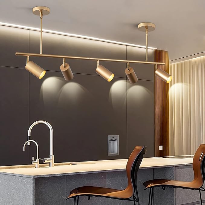 5-Light LED Track Lighting Kit Gold Track Light Flexibly Rotatable Light Head Modern Spot Lighting for Kitchen Living Room Dining Room Bedroom Closet Bar