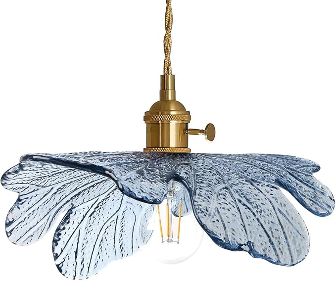 Vintage Glass Pendant Light Gold Brushed Brass Hanging Light with Blue Flower Glass Shade, Farmhouse Pendant Lighting for Kitchen Dining Room Bedroom, 1-Light