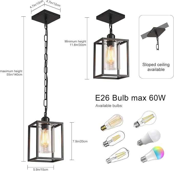 2 Pack Farmhouse Pendant Light,Black Metal Frame Hanging Light Fixture with Clear Glass Shade, Adjustable Chains Industrial Mini Pendant Lighting for Kitchen Island Entryway Porch Foyer
