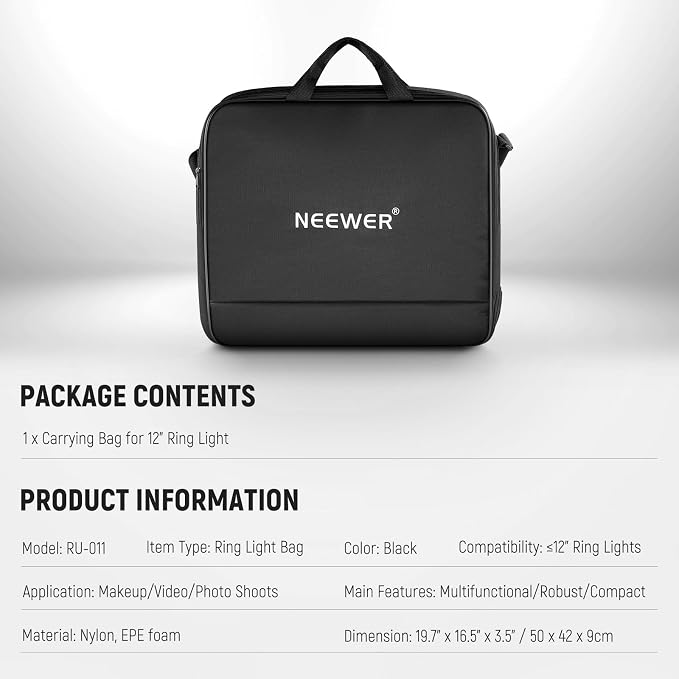 Neewer 12" Ring Light Carrying Bag for RH12B RH12C RH10B RH8B, 19.7"x16.5"/50x42cm Portable Protective Nylon Travel Case with Separate Section for Folded Light Stand Tripod Up to 19.7"/50cm, RU-011