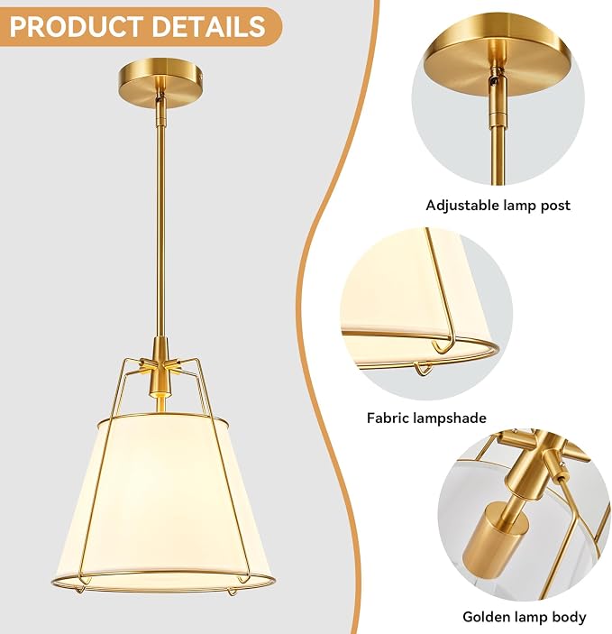 Modern Pendant Light Fixtures with 13" White Linen Fabric Shade, Adjustable Hanging Light Fixture,Drum Gold Vintage Chandelier for Kitchen Island Bedroom Dining Room Foyer Entryway