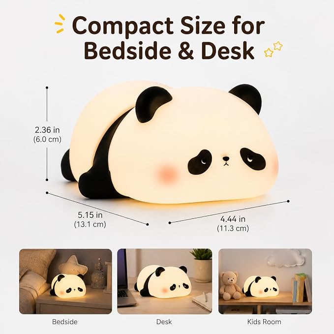 Cute Panda Night Light for Kids, Silicone Baby Squishy Lamp, 3-Level Dimmable Nursery Light for Bedroom, Rechargeable Portable Lamp, Desk Decor Birthday Christmas White Elephant Gift