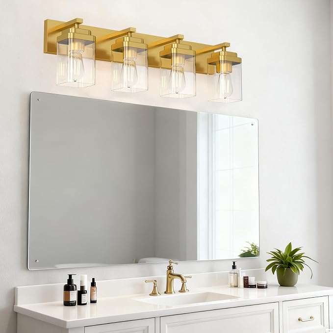 Brushed Gold Bathroom Light Fixtures, 4 Lights Bathroom Lighting Fixtures Over Mirror, Square Design & Rectangle Large Backplate, Modern Vanity Lighting Fixtures, for Living Room/Bedroom