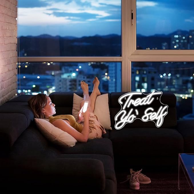 Treat Yourself Neon Sign White Led Word Neon Lights Usb Neon Light Signs for Bedroom Home Light Up Letter Neon for Birthday Party Gifts