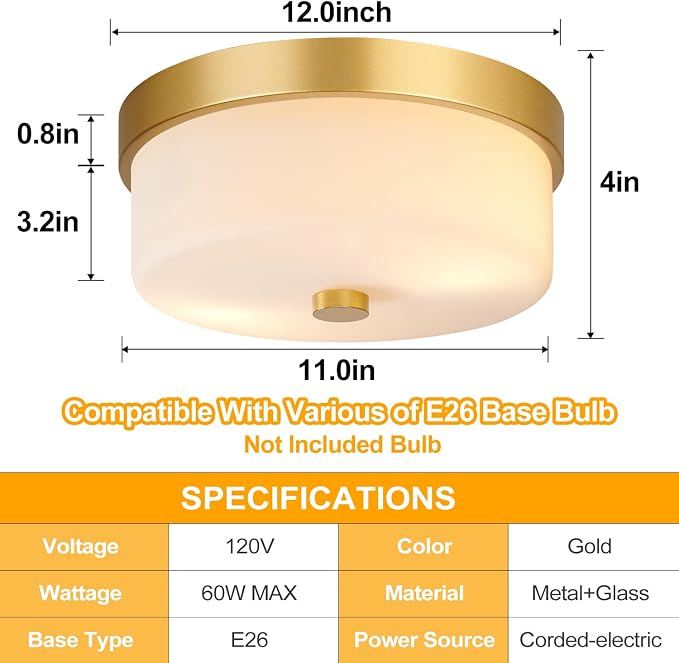 szzgco Flush Mount Ceiling Light Fixtures, 2-Light Gold Ceiling Mount with Milky White Glass Lampshade, Industrial Flush Mount Light Fixture Farmhouse for Hallway, Kitchen, Entryway and Foyer