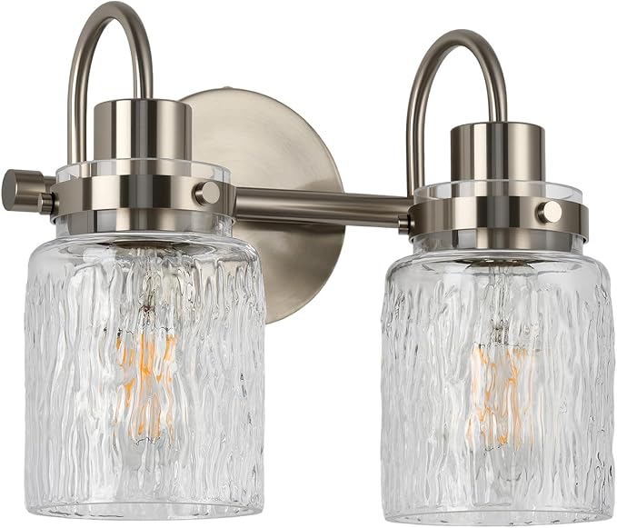 2 Lights Hammered Glass Bathroom Vanity Light,Brushed Nickel | Easy Installation,Up or Down,Farmhouse Modern Style,E26 Socket,ETL Certification