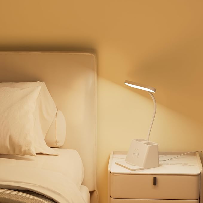 Desk Lamp with Fast Wireless Charger, College Dorm Room Table Light | 18 in, Adjustable LED, White, Small, Cute, for Home Office
