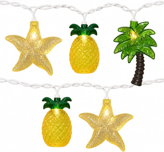 19Ft Hawaiian Beach String Lights Outdoor with 35 LED Starfish, Pineapple & Palm Tree Lights, Plug-in Tropical Party Decoration for Patio, Backyard, Garden, Window, Tiki Bar, Pool Party Decor