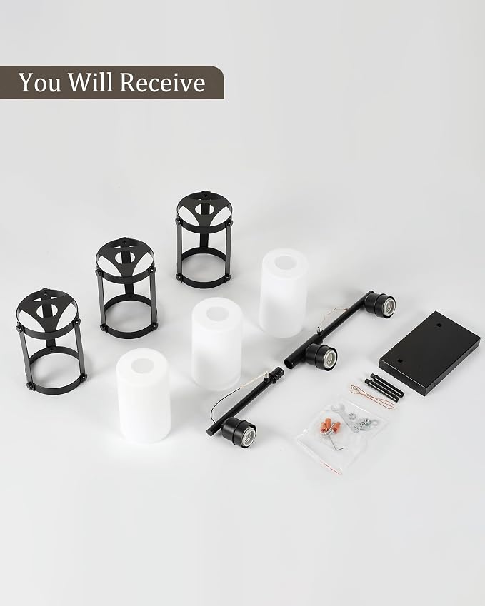 3-Light Black Bathroom Light Fixtures with Milk White Frosted Glass, 21" Modern Bathroom Vanity Lighting Fixtures Over Mirror with Metal Cage, Wall Sconce Lights for Bath, E26, OS-3014BKW-3W