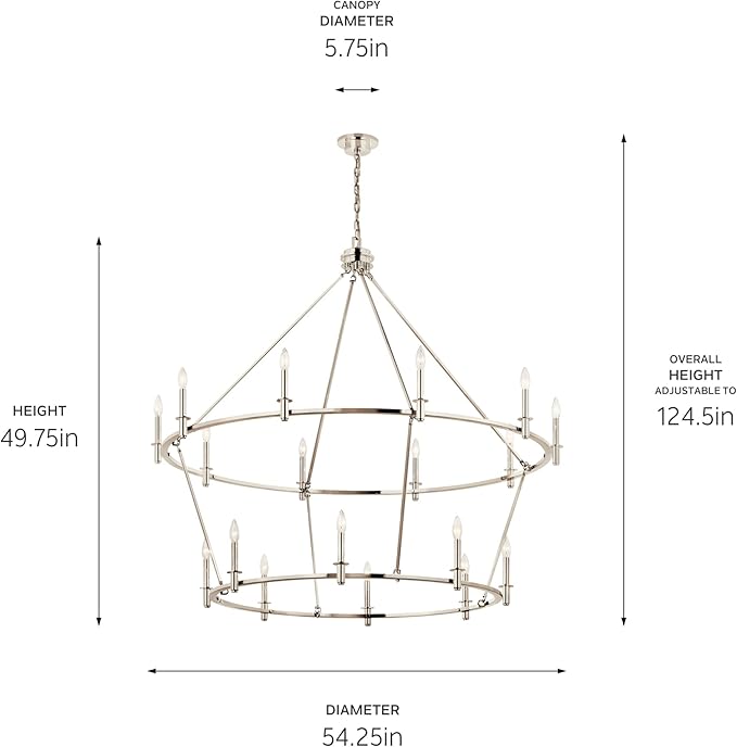 KICHLER Carrick 18-Light 2-Tier Chandelier, Updated Traditional Light in Polished Nickel, Sloped Ceiling Compatible, for Grand Foyer or Great Room (49.75" x 54.25"), 52708PN