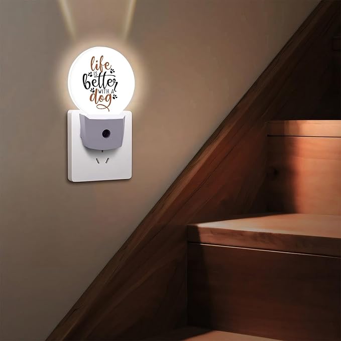 Round LED Night Light,Life is Better with Dog Funny Saying with Dog Paw LED Night Light Plug into Wall with Dusk to Dawn Light Sensor White Energy Efficient Nightlight for Bedroom Living Room