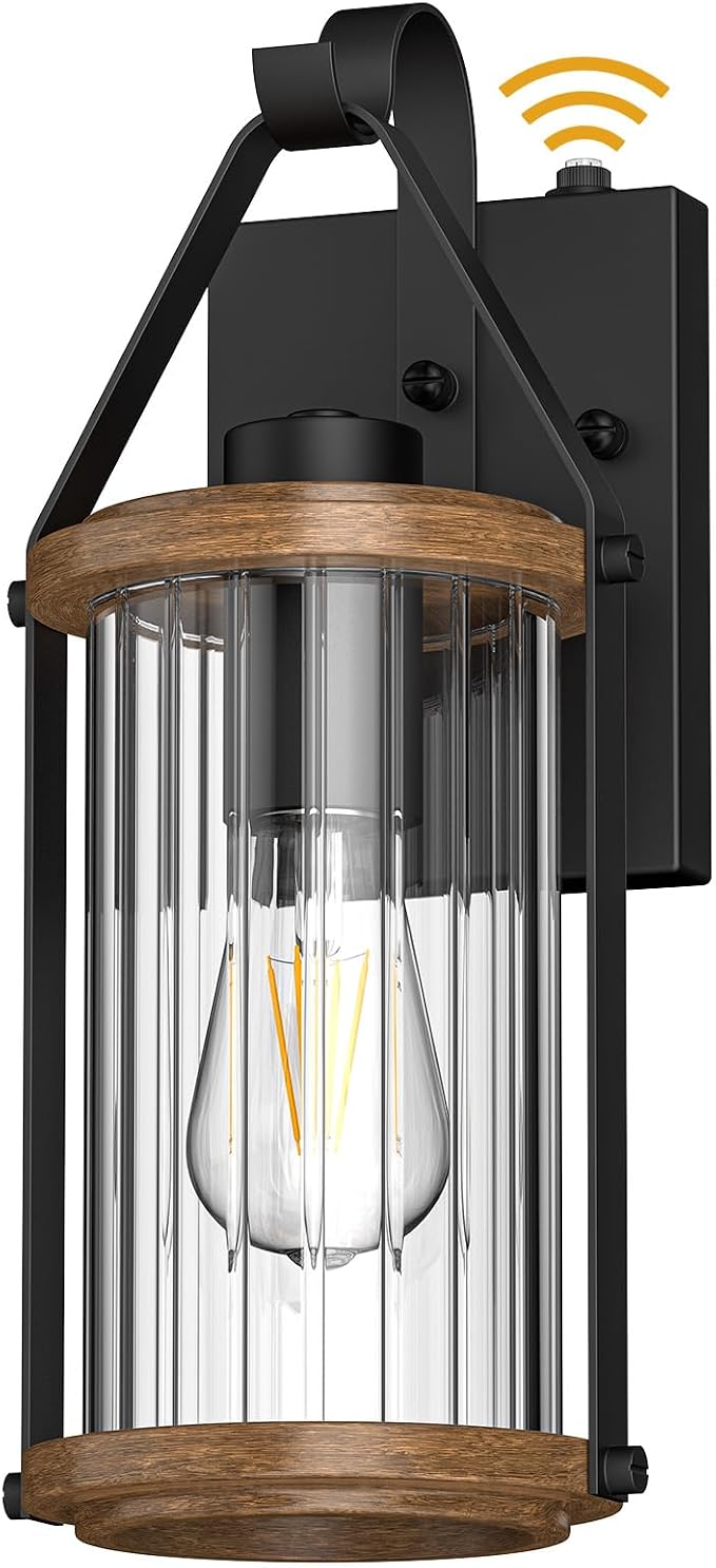 Dusk to Dawn Outdoor Light, Front Porch Light Waterproof Exterior Lighting Fixtures Wood Effect Glass Modern Outside Light for House, Patio, Yard, Garage Black 1 Pack