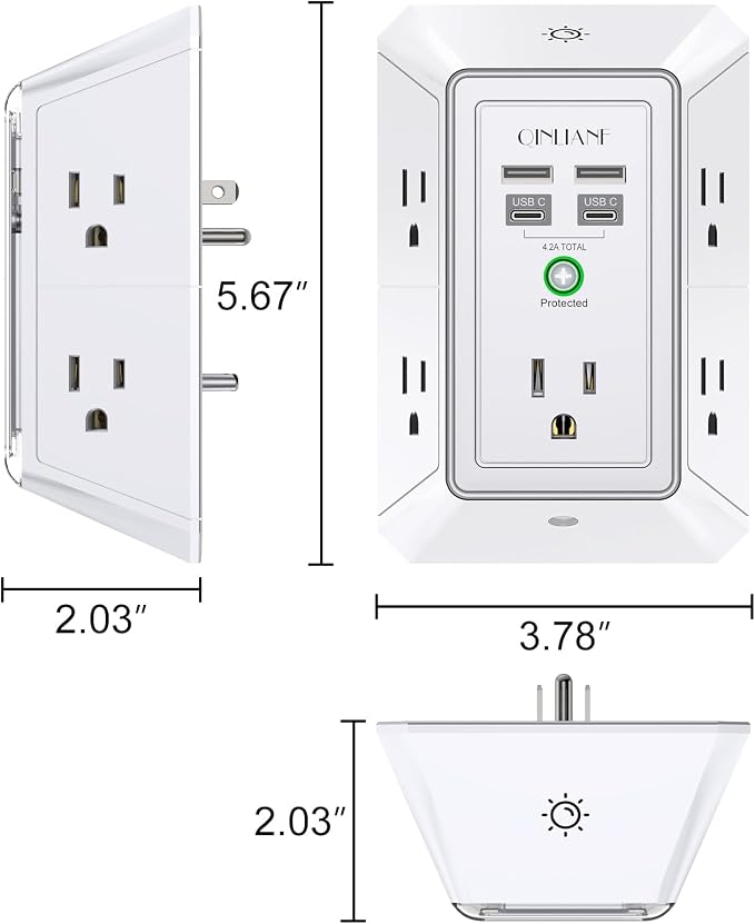3-Sided Outlet Extender with Night Light - QINLIANF Multi Plug Outlet with 5 Outlets and 4 USB Ports(2 USB-C), USB Wall Charger for Home, Office, Travel, ETL Listed, White