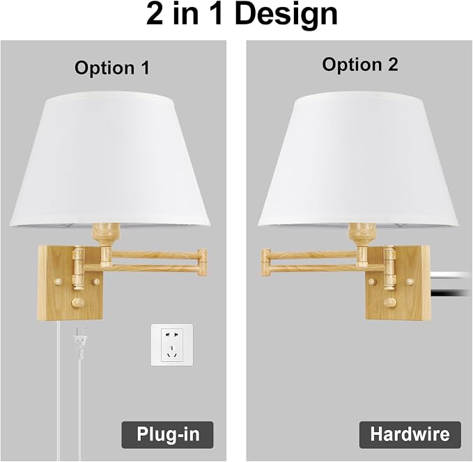 TRLIFE Dimmable Wall Sconce Plug in, Wall Sconces Set of 2 Swing Arm Wall Lights with Plug in Cord and Dimmer On/Off Knob Switch, 11.8" Large White Fabric Shade(2 LED Bulbs Included, Oak Color)