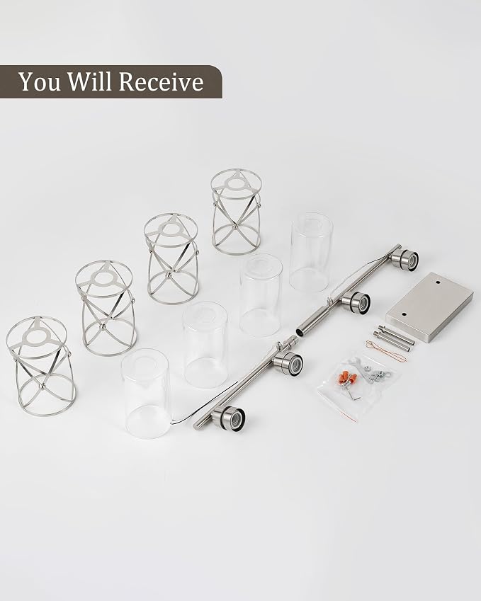 4-Light Brushed Nickel Bathroom Light Fixtures with Milk Frosted Glass, 29" Modern Bathroom Vanity Lighting Fixtures Over Mirror with Metal Cage, Wall Sconce Lights for Bath, E26, CH9176BNW-4W