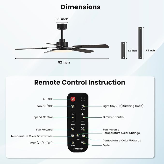 Conciseer 52 Inch Ceiling Fans with Lights and Remote for Bedroom Living Room Kitchen Office, Indoor/Outdoor Use, 6CCT Dimmable, 5 Blades, 6 Speed Reversible Quiet DC Motor, Black/Wood Grain