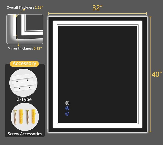 32"x40" LED Bathroom Mirror with Lights, Anti-Fog, Backlit + Front Lit, Dimmable, Led Vanity Mirror for Wall, Lighted Bathroom Mirror, 3 Colors, Shatter-Proof Tempered Glass