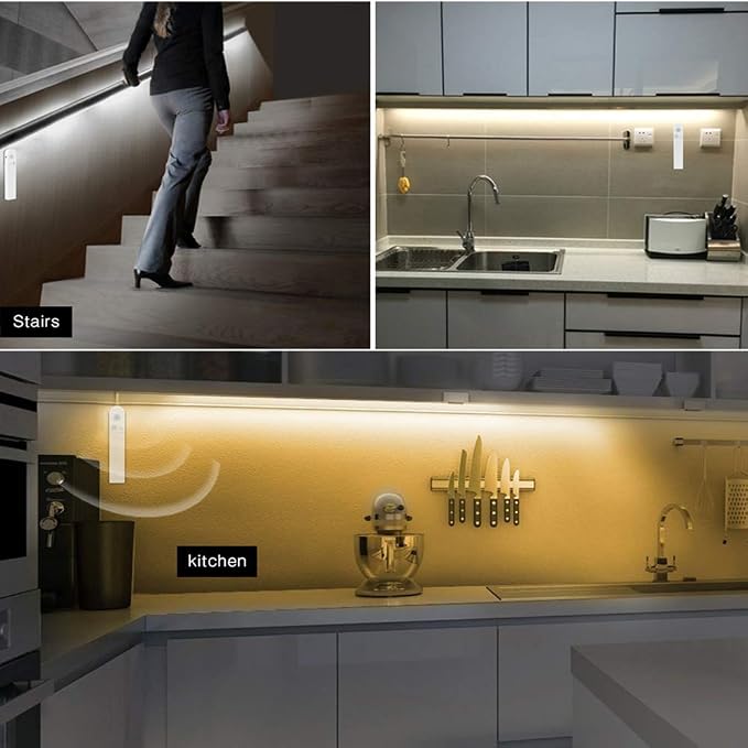 Under Cabinet Lights, 3M/10FT LED Bed Stairs Wardrobe Strip Lights Motion Sensor, 5V USB & Battery Powered Closet Night Tape Lights Four Modes, Waterproof - Warm White, 3M x 1 Pack