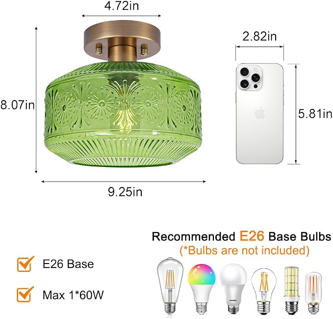 Semi Flush Mount Ceiling Light, Vintage Small Ceiling Light Fixture, Thickened Glass Hallway Light Fixture, Brass Kitchen Ceiling Mount Lamp with Green Glass for Entry Way, Bedroom, Bathroom, Porch