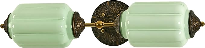 Vintage Green Milk Glass Bathroom Vanity Light - 25" Dimmable Wall Sconce | Mid Century,Vertical or Horizontal Mounted,Antique Brass Gold Lighting Fixture for Bedroom Hallway Decor,E12 Bulb×2 Included